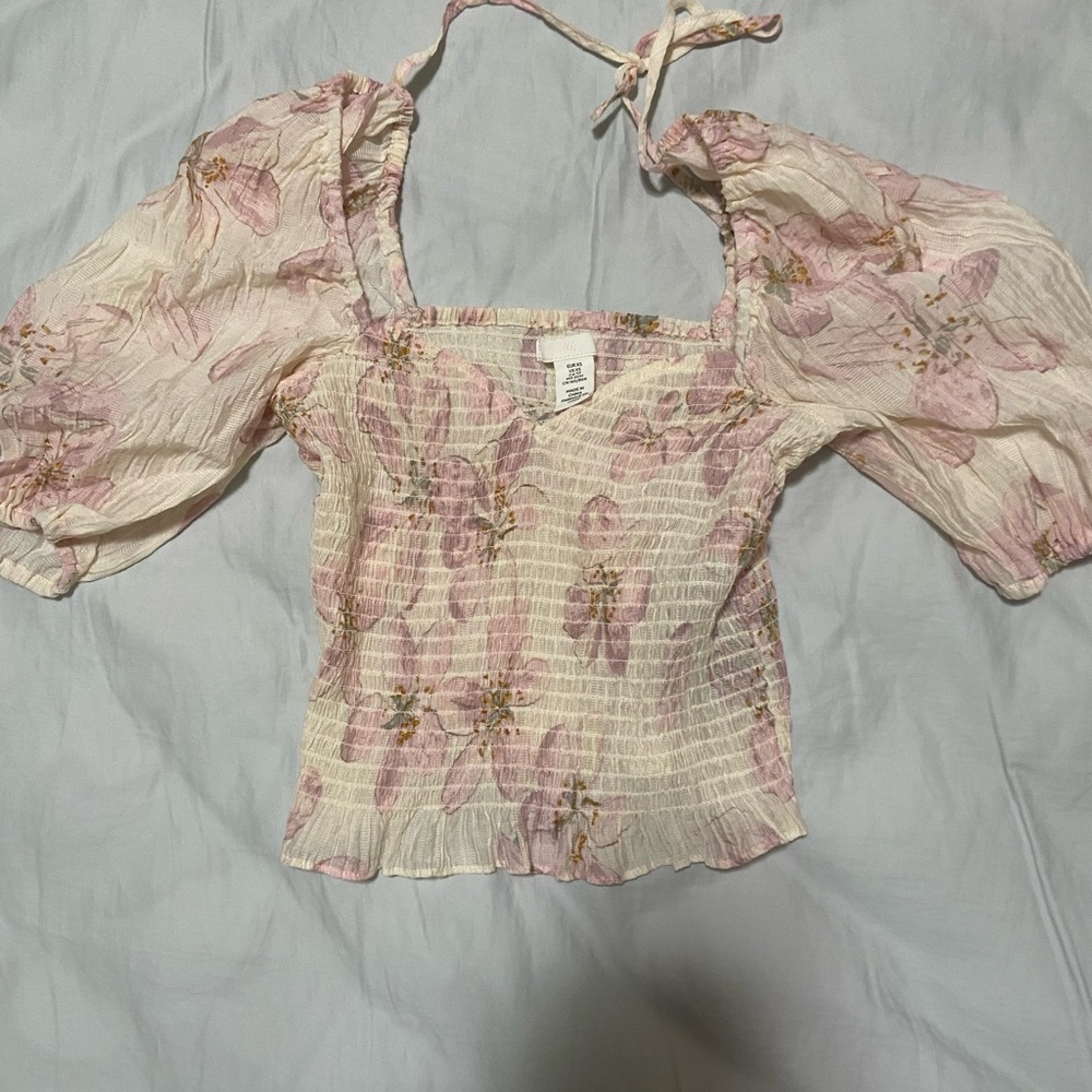 H&M Pink Ruched Puff Sleeve Blouse